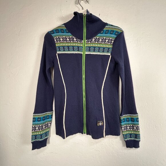 Icelandic Design Womens Wool Blend Nordic Zip Cardigan Sweater Small Blue/Green - Picture 1 of 8